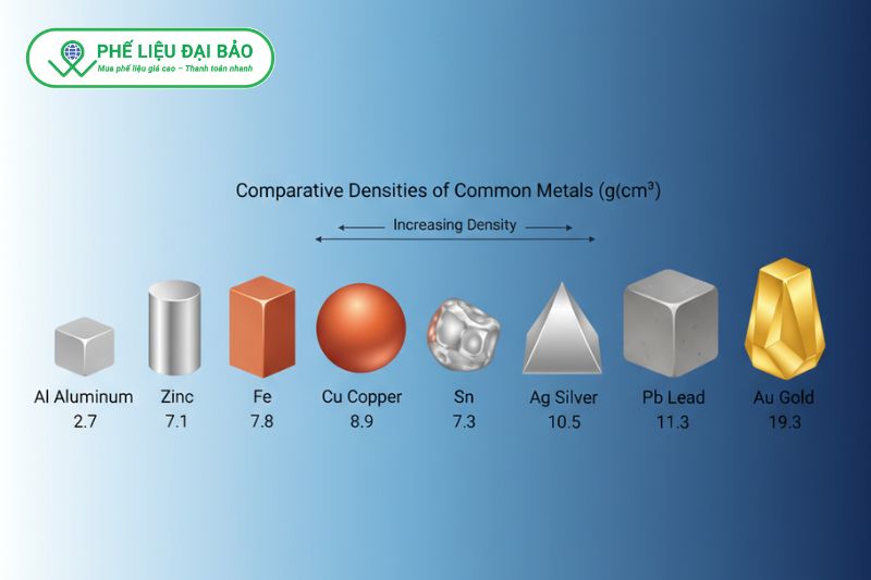 Đồng có khối lượng riêng trung bình cao, lớn hơn nhôm và kẽm nhưng thấp hơn bạc, chì và vàng