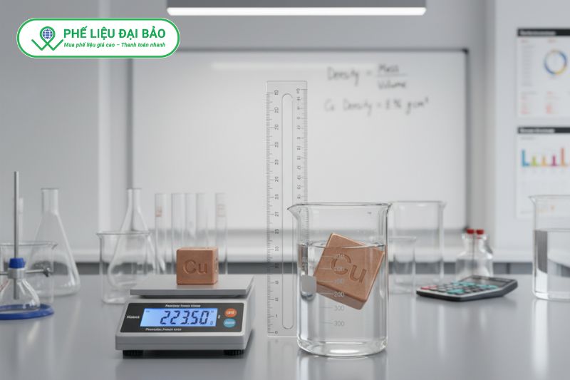 Khối lượng riêng của đồng được tính theo công thức D = m/V dựa trên khối lượng và thể tích vật mẫu